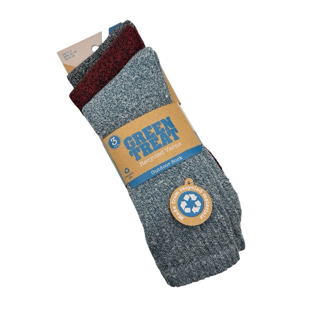 Green Treat Recycled Yarns Heathered Blue Red Black 3 Pairs Outdoor Socks Men’s